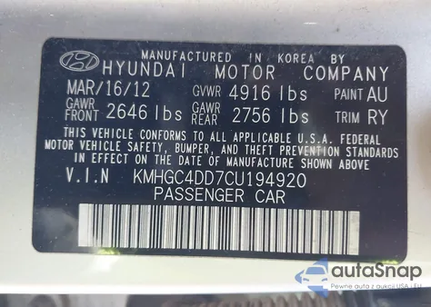 2012 Hyundai Genesis 3.8 z USA, uszkodzony, nr VIN KMHGC4DD7CU194920